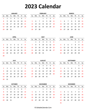 2023 calendar (portrait layout)