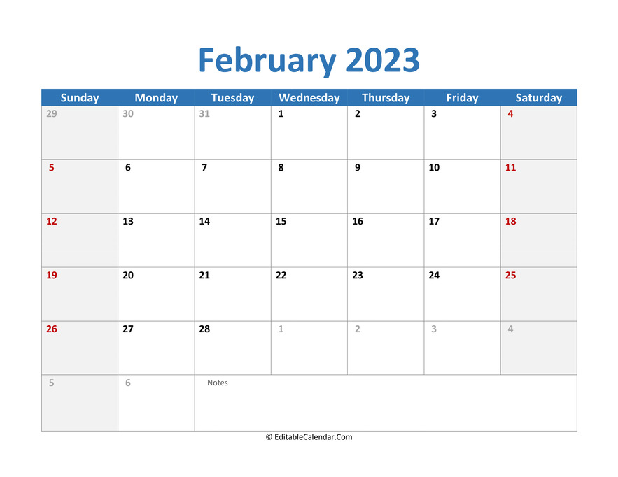 2023 printable calendar february