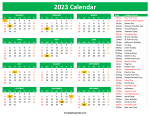 2023 printable calendar holidays green style
