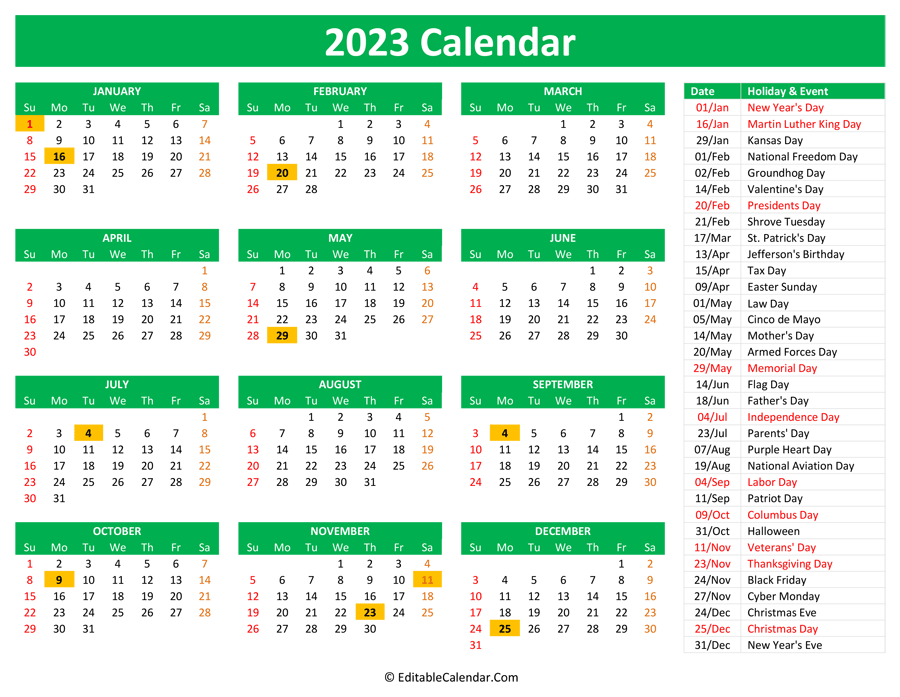 2023 Printable Calendar with Holidays
