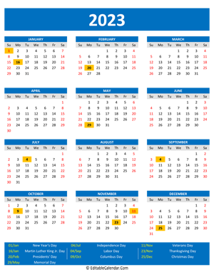 2023 printable calendar holidays portrait blue style