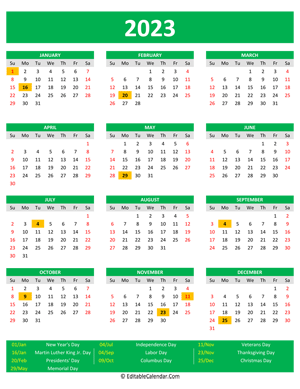 2023 printable calendar holidays portrait green style