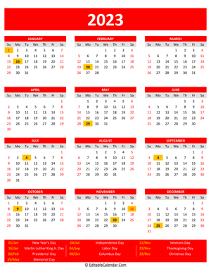 2023 printable calendar holidays portrait red style