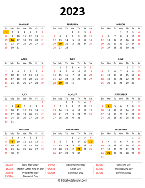 2023 printable calendar with holidays (portrait)