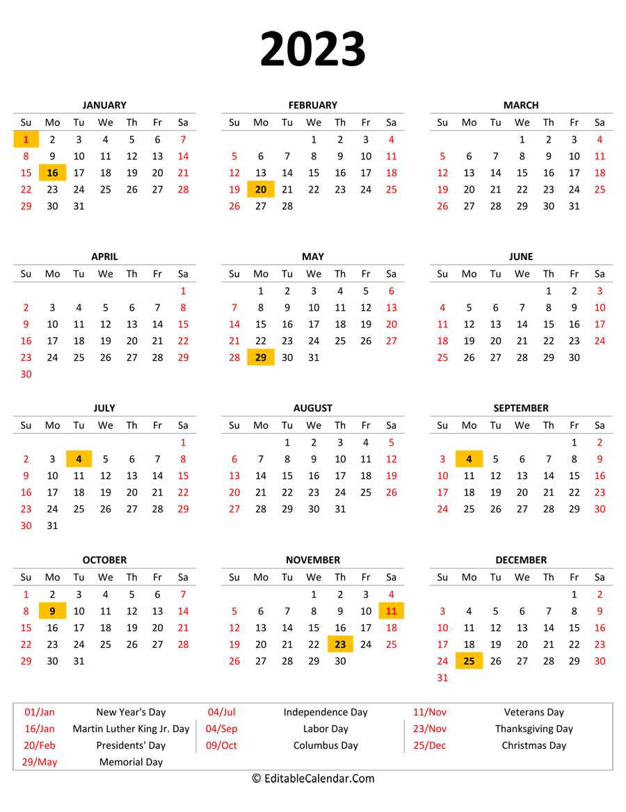2023 Printable Calendar With Holidays Portrait Orientation 