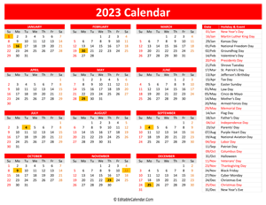 2023 printable calendar holidays red style