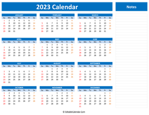 2023 yearly calendar notes blue style