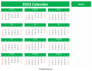 2023 yearly calendar notes green style