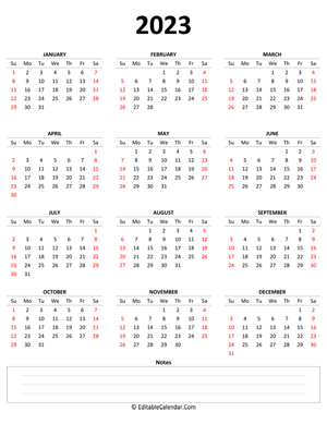 2023 yearly calendar with notes (portrait)