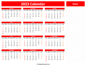 2023 yearly calendar notes red style