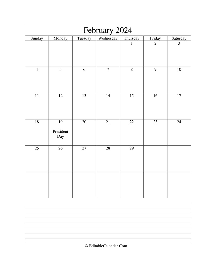 Download 2024 Calendar February With Holidays And Notes Portrait (Word
