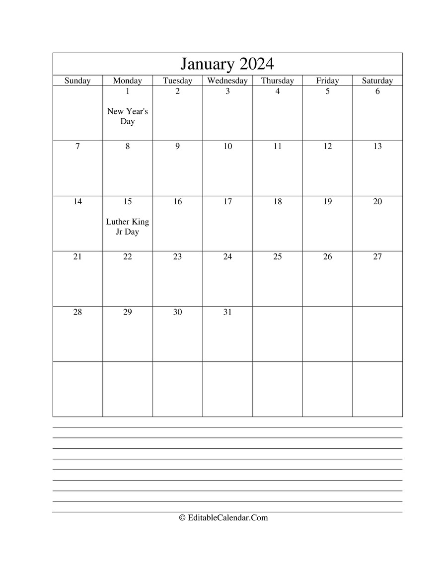 Editable Calendar January 2024 Editable Calendar January 2024