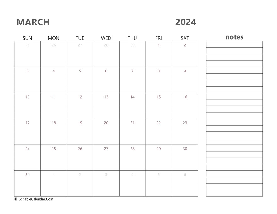 Download 2024 March Calendar Printable (Word Version)