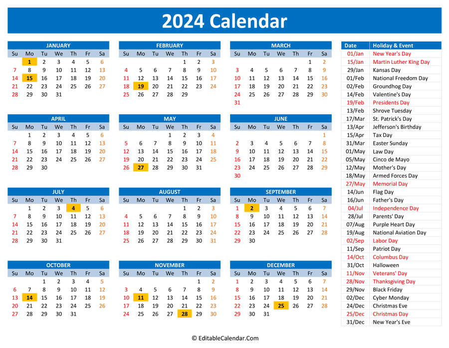 Printable Calendar 2024 With Us Holidays Printable Calendar