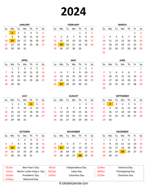 2024 printable calendar with holidays (portrait)