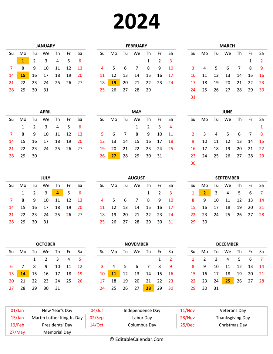 2024 Printable Calendar with Holidays (Portrait Orientation)
