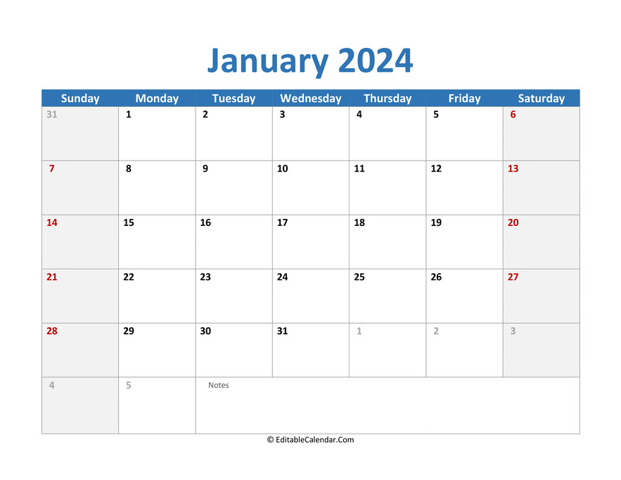 Download 2024 Printable Calendar January (Word Version)