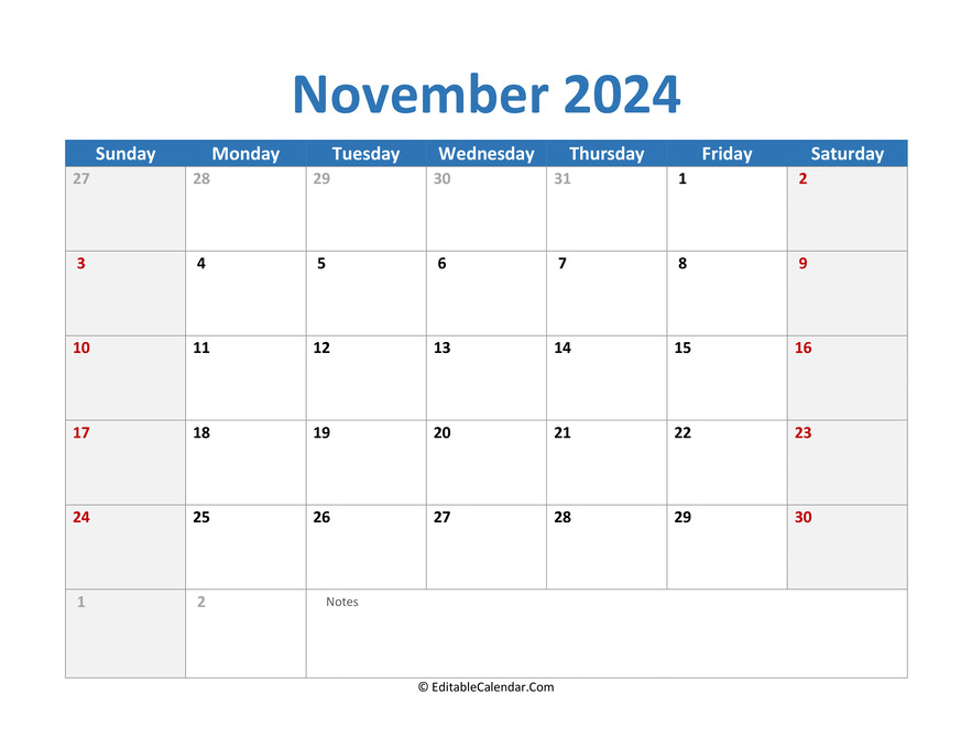 November 2024 Printable Calendar with Holidays