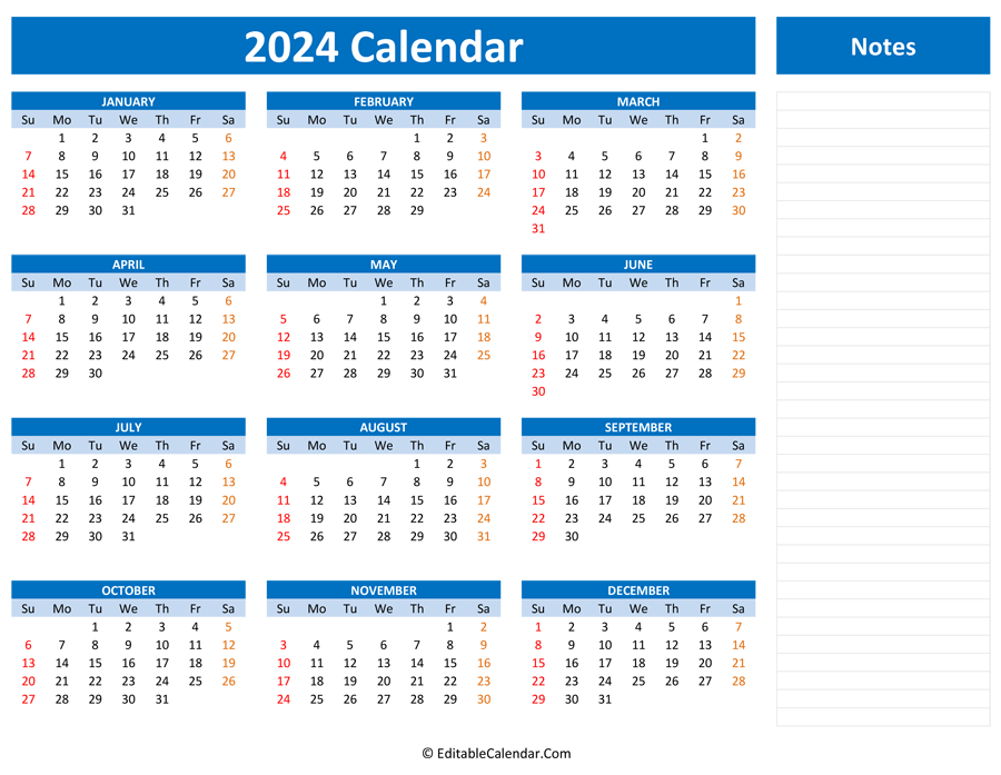2024 Yearly Calendar with Notes