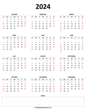 2024 yearly calendar with notes (portrait)