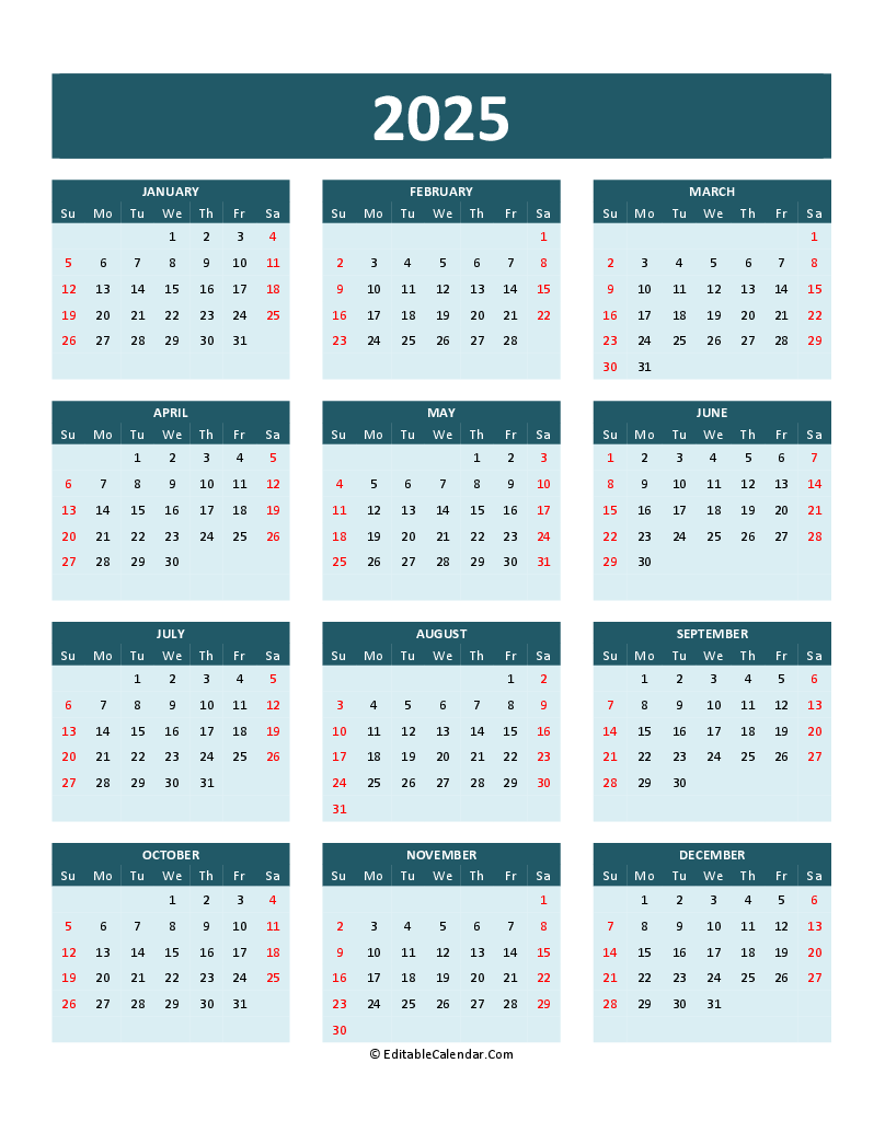 Download 2025 Calendar Printable Word Pdf (Word Version)