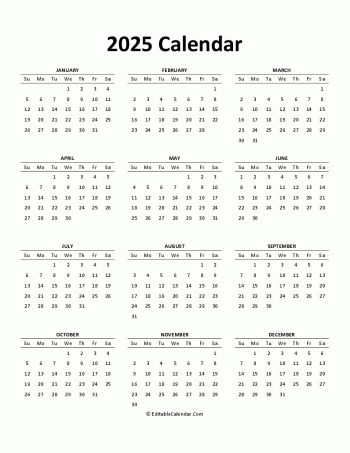 2025 free printable calendar editable