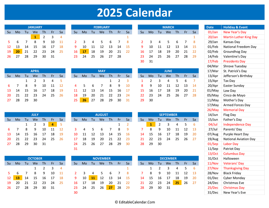 2025 Printable Calendar with Holidays