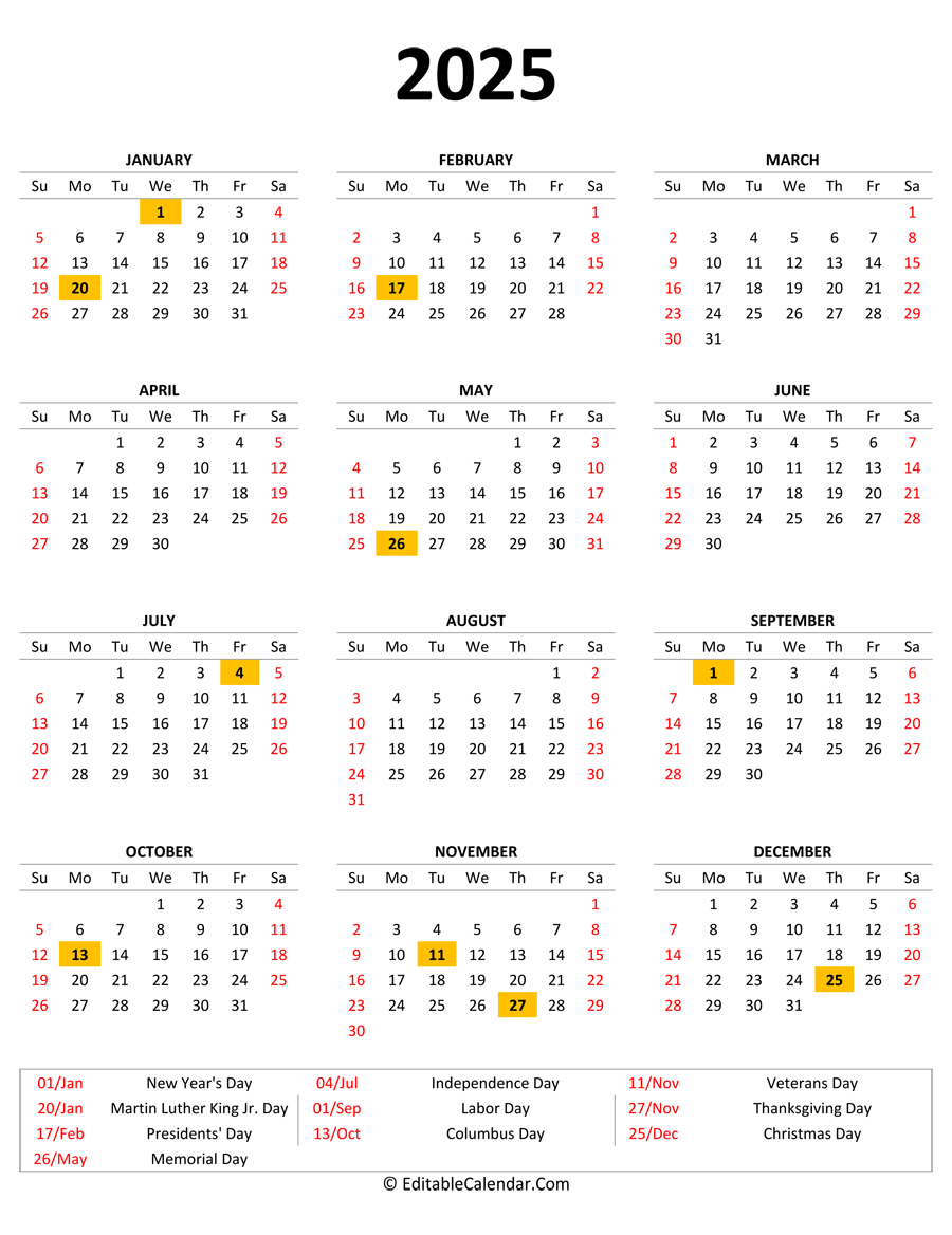 2025 Calendar With Holidays Usa Printable Free