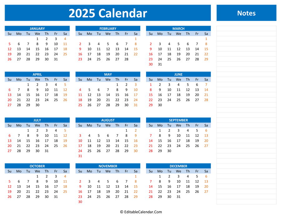 2025 Year Calendar Printable