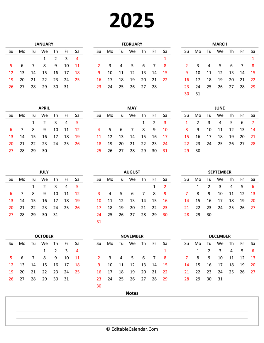 2025 Yearly Calendar With Notes Portrait Orientation 