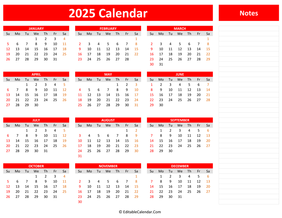 2025 Yearly Calendar with Notes