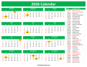 2026 printable calendar holidays green style