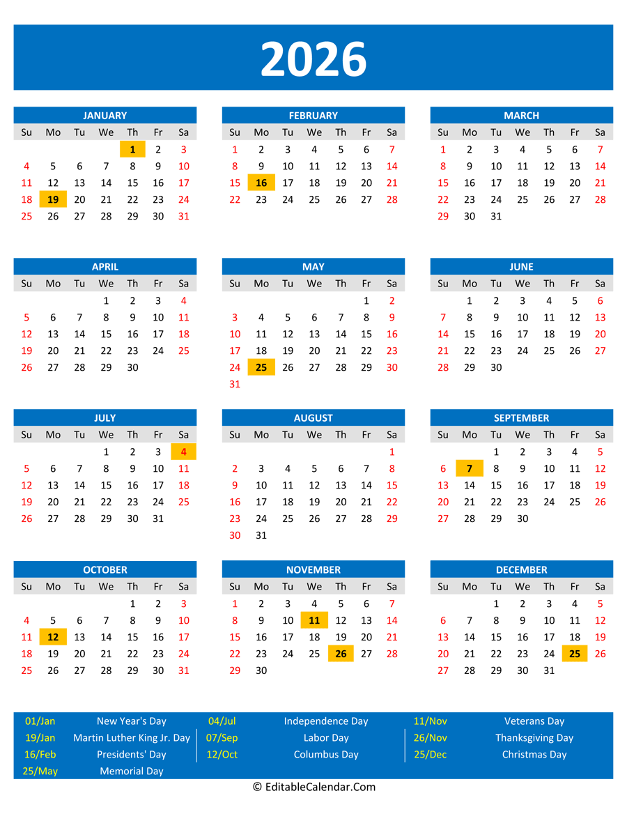 2026 Printable Calendar With Holidays Portrait Orientation 2026 Printable Calendar With Holidays Portrait Orientation