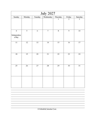 2027 calendar july with holidays and notes (portrait layout)