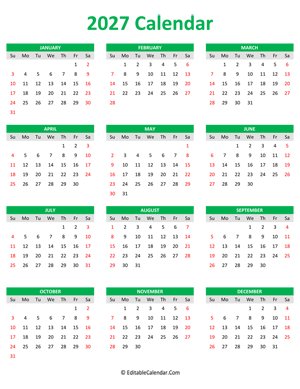 2027 calendar portrait green style