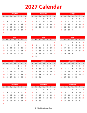2027 calendar portrait red style