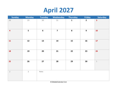 2027 printable calendar april