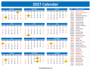 2027 printable calendar holidays blue style