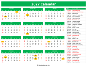 2027 printable calendar holidays green style
