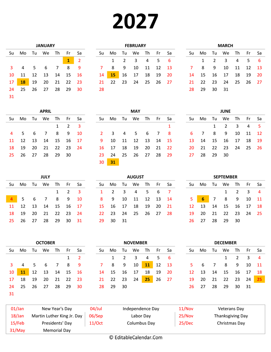2027 printable calendar holidays portrait