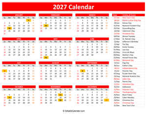 2027 printable calendar holidays red style