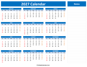 2027 yearly calendar notes blue style