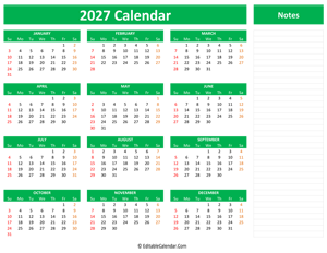 2027 yearly calendar notes green style
