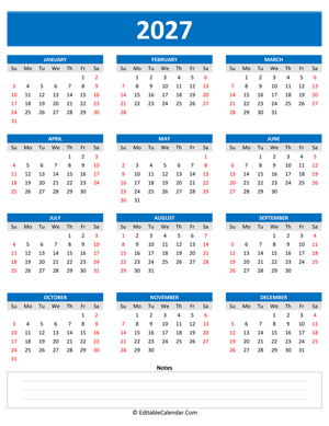 2027 yearly calendar notes portrait blue style