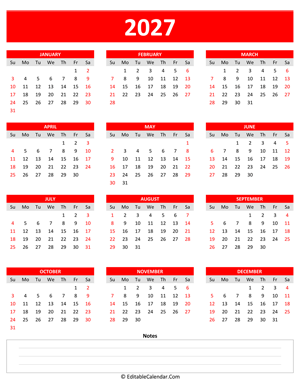 2027 yearly calendar notes portrait red style