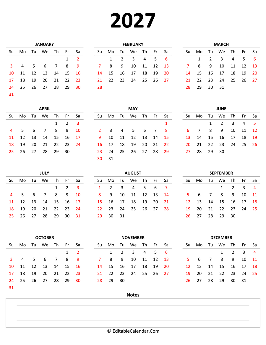 2027 yearly calendar notes portrait