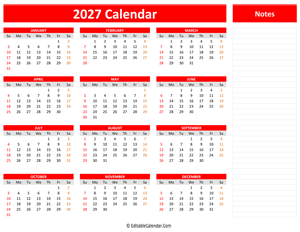2027 yearly calendar notes red style