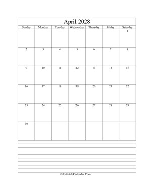 2028 calendar april with holidays and notes portrait