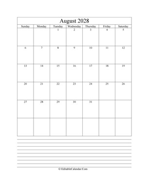 2028 calendar august with holidays and notes portrait