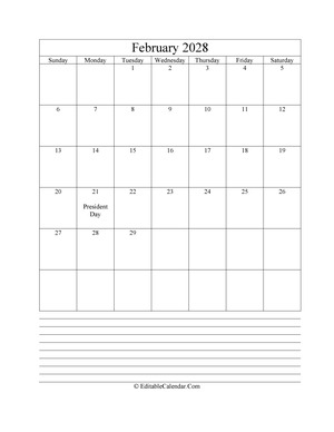 2028 calendar february with holidays and notes portrait